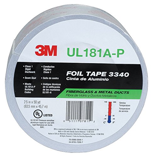 3M Aluminum Foil Tape 3340, 2.5' x 50 yd, 4.0 mil, Silver, HVAC, Sealing and Patching Hot and Cold Air Ducts, Fiberglass Duct Board, Insulation, Metal Repair
