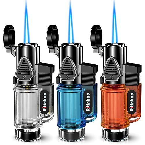 Ritinhao Torch Lighter, 3 Pack Butane Lighter, Windproof Jet Flame Lighter with Fuel Window & Flame Locker for Candle Camping Family Use(Without Butane)