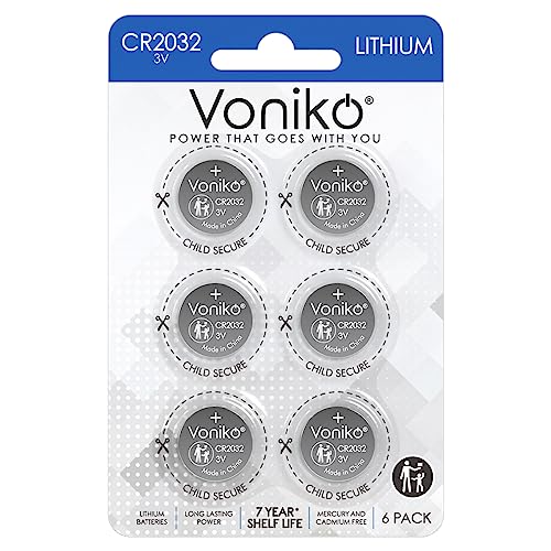 Voniko 3 Volt CR2032 Battery 6 Pack – Lithium Batteries – 2032 Button Battery Flat – 7 Years Shelf Life