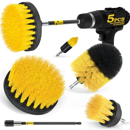 Holikme 5Pack Drill Brush Power Scrubber Cleaning Brush Extended Long Attachment Set All Purpose Scrub Brushes Kit for Grout, Floor, Tub, Shower, Tile, Bathroom and Kitchen Surface，Yellow