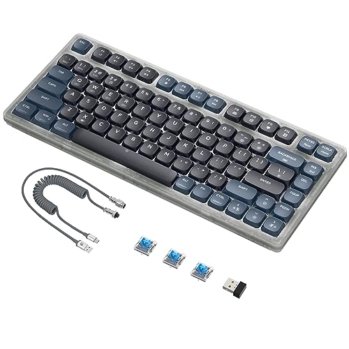 ATTACK SHARK Low Profile Mechanical Keyboard,75% TKL Wireless Keyboard with 83 PBT Keycaps,Tri-Modes BT5.0/2.4G/Custom Coiled Cable,White LED Backlit Keyboard for PC Mac Phone Tablet-Blue Switch