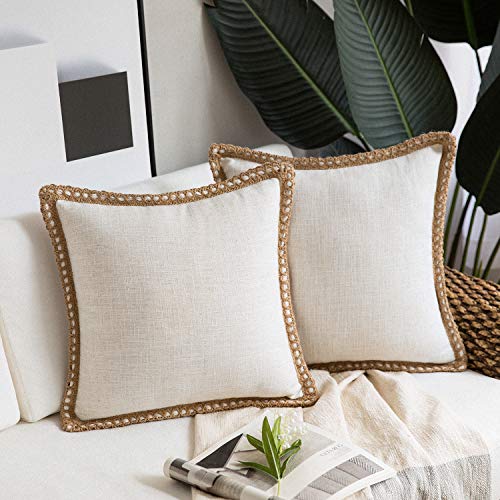 Phantoscope Pack of 2 Farmhouse Modern Decorative Throw Pillow Covers Burlap Linen Trimmed Outdoor Pillows Tailored Edges Off White 18 x 18 inches, 45 x 45 cm
