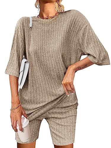 Ekouaer Pajamas 2 Piece Lounge Sets Ribbed Knit Matching Outfits T-shirt Biker Shorts Sleepwear Loungewear Sweatsuits Camel Medium