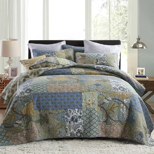 Secgo King Size Comforter Set- 100% Cotton Quilt King Size Set, Green, Sage bedspreads (96 * 108 Inch) with 2 Pillow Shams, Patchwork Reversible Lightweight Bedding