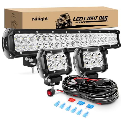 Nilight - ZH002 20Inch 126W Spot Flood Combo Off Road Led Light Bar 2PCS 18w 4Inch LED Pods With 16AWG Wiring Harness Kit-3 Lead For Tractor, 2 Years Warranty