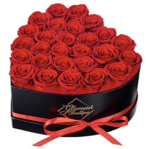 GLAMOUR BOUTIQUE 27-Piece Forever Flowers Heart Shape Box - Preserved Roses, Immortal Roses That Last A Year - Eternal Rose Preserved Flowers for Delivery Prime Mothers Day & Valentines Day - Red