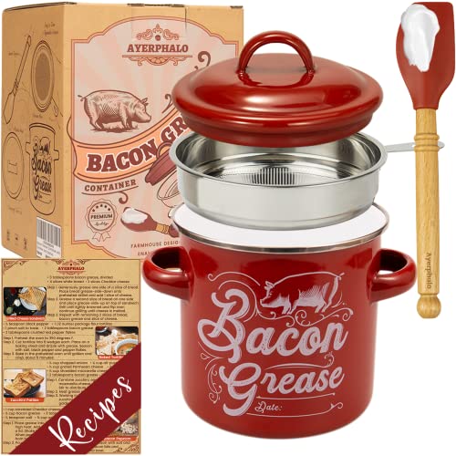 Ayerphalo Bacon Grease Container with Strainer - 46OZ Large Capacity, With Silicone Wooden Spatula, Enamel Bacon Grease Keeper for Bacon Drippings, Farmhouse Red Kitchen Decor, Dishwasher Safe