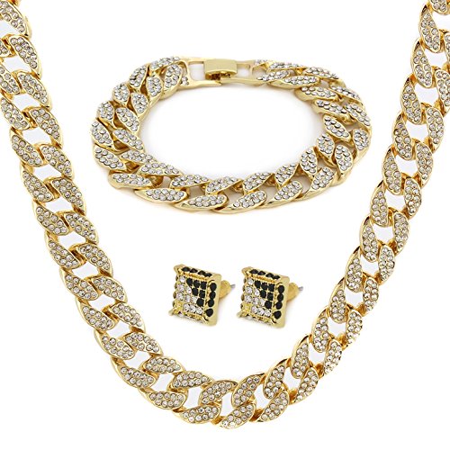 Gold Color Tone Brass Fully CZ Iced Out 15mm 30' Hip Hop Miami Cuban Chain & 9' Bracelet (NOT REAL GOLD)