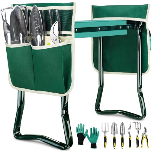 EAONE Garden Kneeler and Seat - Foldable Garden Bench Stool with Soft Kneeling Pad, 6 Garden Tools, Tool Pouches and Gardening Glove for Men, Gardening Gifts for Women, Protecting Your Knees & Back