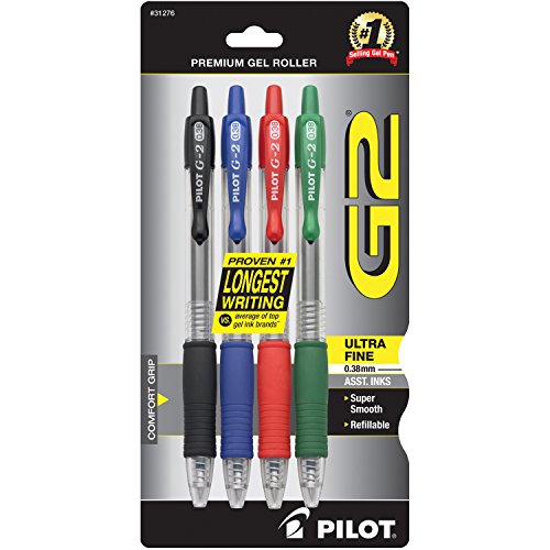 Pilot, G2 Premium Gel Roller Pens, Ultra Fine Point 0.38 mm, Pack of 4, Black, Blue, Green, Red