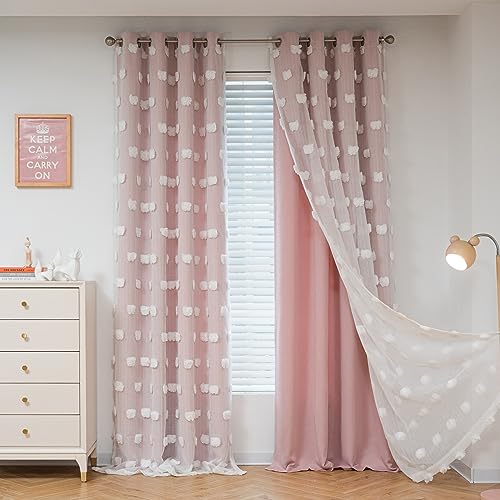 MYSKY HOME Pink Curtains for Living Room 84 Inches Long Pom Pom White Sheer Curtains for Girls Room Nursery Curtains Double Layer for Toddler Bedroom Grommet Room Darkening Window Panels 52 x 84 Inch