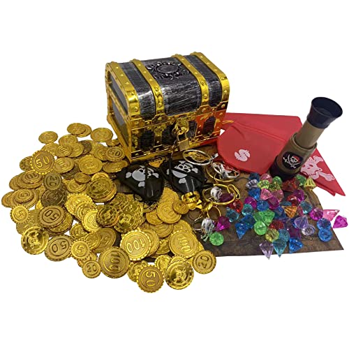 Flyekist 168 Pcs Pirate Treasure Chest for Kids,Vintage Pirate Chest Party Favors Box with Lock and Keys,Gems,Gold Coins,Moneybag,Pirate Shawl,Eye Patch,Earrings,Rings,Treasure Map,Telescope