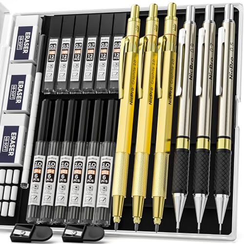 Nicpro Gold Art Mechanical Pencils Set, Metal Drafting Pencil 0.5, 0.7, 0.9mm & 2mm Lead Holder(2B HB 2H) For Sketching Drawing With Lead Refills Case