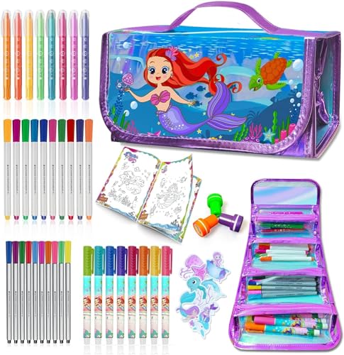 weirtoya Washable Fruit Scented Markers Set with Mermaid Pencil Case Mermaid Stickers Stamps Coloring Book, STEM Toys Mermaid Gifts for Girls Birthday Gifts for Girls 4-9 Years