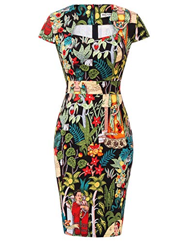 Women's Dress 50s Vintage Printed Leaves Pencil Dress Cap Sleeve Business Dress