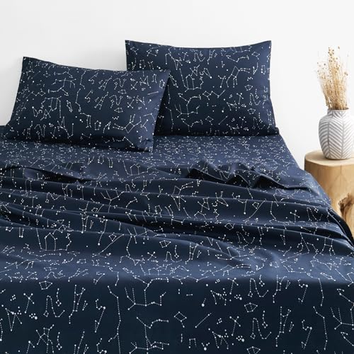 Wake In Cloud - Queen Size Bed Sheets, 4-Piece Fitted Flat Sheet Set, Deep Pocket, Navy Blue Constellation Space Witchy Star Celestial Galaxy Astrology Masculine, Soft Microfiber Bedding