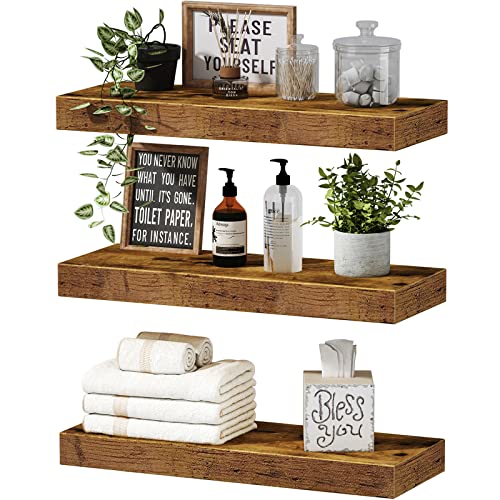 QEEIG Floating Shelves for Wall Bathroom Shelf Bedroom Kitchen Farmhouse Small Book Shelf 16 inch Set of 3, Rustic Brown (015-BN3)