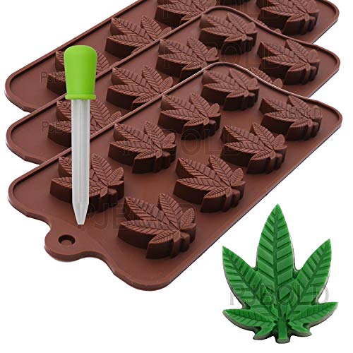 PJ BOLD Marijuana Leaf Silicone Trays for Chocolate Gummies Party Novelty Gift Mold with Dropper, 3 Pack