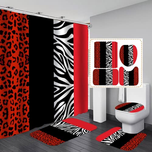 jieprom 4PCS Leopard Print Shower Curtain Set with Rug, Toilet Lid Cover and Bath Mat,Red Black Splice Shower Curtain with 12 Hooks, Durable Shower Curtain for Bathroom Set