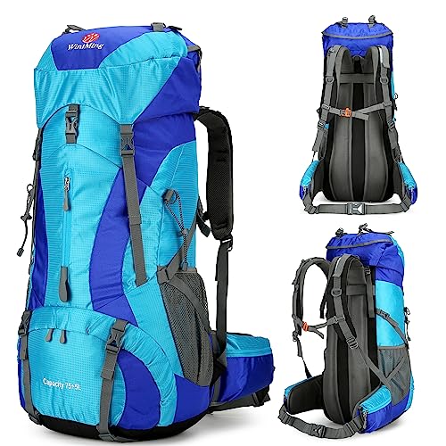 ZCSQIUO 75L Hiking Backpack for Men Women Daypack Backpack Outdoor Waterproof Camping Backpack with Rain Cover (Blue)