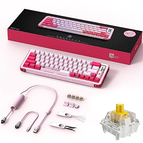 ROYALAXE Y68 TKL Wireless Mechanical Keyboard, Hot Swappable Wired/Bluetooth 5.0/2.4G Wireless Keyboard with RGB Light for Windows & Mac, PBT Keycap, Gateron G Yellow Pro Switch, Candy Pink