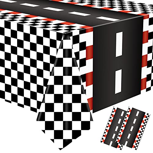 2 PCS Racing Car Plastic Tablecloths Car Theme Disposable Party Tablecloths Black Checkered Flag Table Covers Racetrack Rectangular Tablecloth for Boys Birthday Baby Shower Home Decor, 54 x 108 Inch