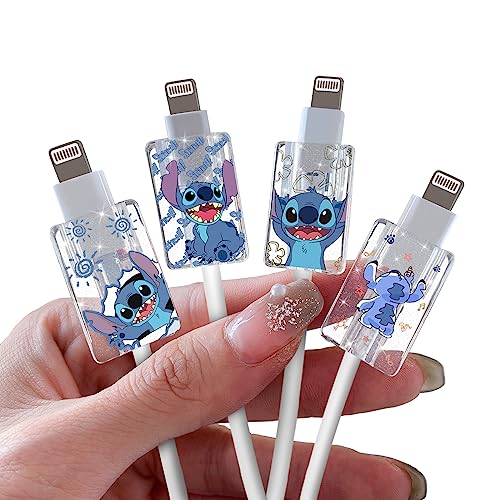 Cute Cable Protector for iPhone Charger Glitter Bling Kawaii Anime Stitch Blue Big Ear Dog Pattern 4 PCS Type-c Cable Protector for Women Girls,Charging Cord Protector,Cable Chomper,Cord Saver