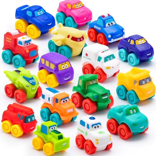 JOYIN Cartoon Cars, Soft Rubber Toy Car Set, Mini Toy Vehicles, Bath Toy Car for Toddlers, Gift for Boys and Girls Christmas Birthday, Summer Beach and Pool Activity, Party Favors for Kids