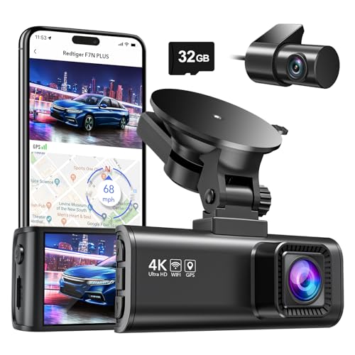 REDTIGER Dash Cam Front Rear, 4K/2.5K Full HD Dash Camera for Cars, Free 32GB Card, Built-in Wi-Fi GPS, 3.16” IPS Screen, Night Vision, 170°Wide Angle, WDR, 24H Parking Mode
