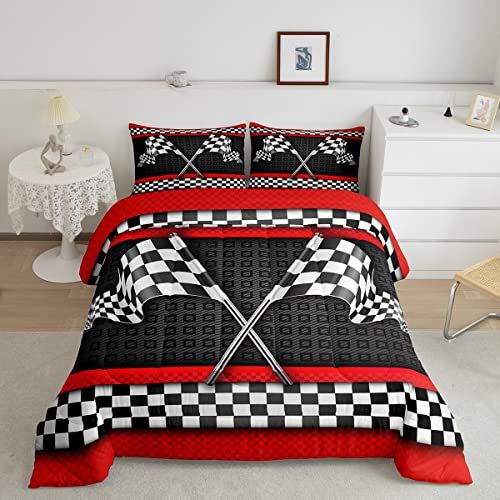 Castle Fairy Race Car Themed Comforter Set Twin Size,Black White Checkered Flag Print Bedding Set for Kids Boys Men,Red Stripes Geometric Grid Plaid Quilted Duvet Set with 1 Pillowcase