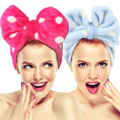 Hairizone 2 Pack Makeup Headbands for Washing Face Shower Spa, Soft and Cute Big Bow Hair Bands for Women and Girls (Light Blue/Roseo)