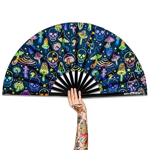 Raveahem UV Glow Rave Fan, Bamboo Folding Clack Hand Fan for Men Women (Mushrooms and Skulls, Large 13')