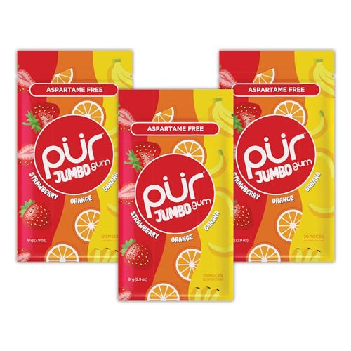 PUR Jumbo Gum | Aspartame Free Chewing Gum | 100% Xylitol | Natural Strawberry, Banana, Orange Flavor, 20 Pieces (Pack of 3)