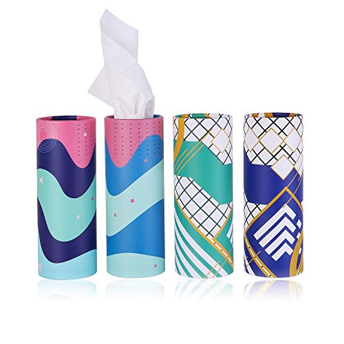 Car Tissue Holder with Facial Tissue Bulk, Car Tissues Box Round Container - Tissue Tubes for Car, Travel Tissues Perfect for Car Cup Holder - 4PK (Blue)