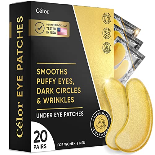 CÉLOR Under Eye Patches (20 Pairs) - Golden Eye Mask with Amino Acid & Collagen, Cooling Eye Care for Wrinkles, Puffy Eyes & Dark Circles, Skincare Treatment for Men & Women, USA Tested