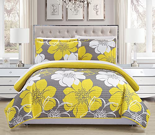 Chic Home - QS1768-AN 3 Piece Woodside Abstract Large Scale Floral Printed with 2 Shams Quilt Set, Queen, Yellow