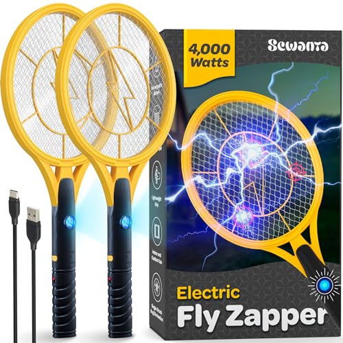 Electric Fly Swatter [Set of 2] Handheld Bug Zapper Racket for Indoor/Outdoor - 4000 Volt Fly Swatter - Instant Bug & Mosquito killer with Attractant LED light - USB Rechargeable Portable Fly Zapper.