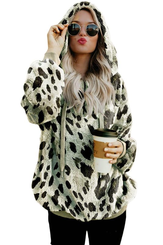 Dokotoo Hoodies for Women Winter Leopard Print Cozy Soft Warm Fuzzy Fleece Casual Ladies Loose Oversized Pullover Sweatshirts for Women Hooded with Pockets Outerwear Tops Grey Large