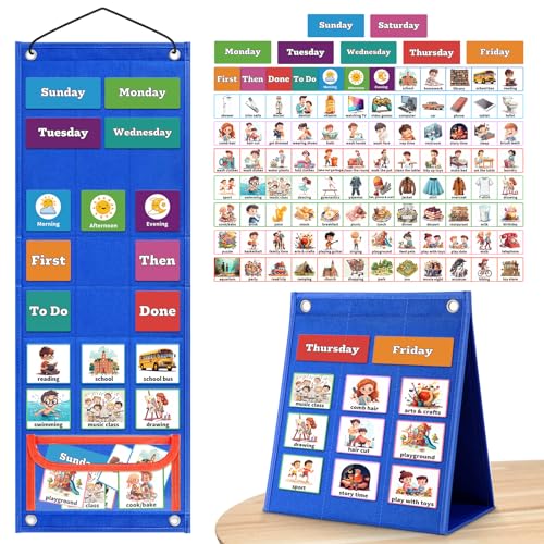 PITCOTT Visual Schedule for Kids Chore Chart，103 Daily Schedule Board Routine Pocket Chart Cards for Toddlers,Autism Learning Material Tool Wall Planner for Home School with 3 in 1 Cards Gift for Kids