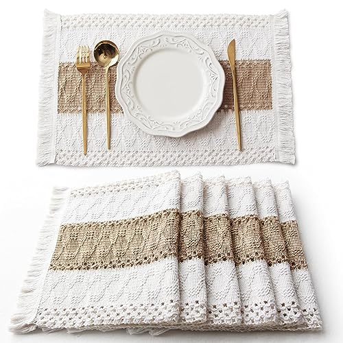 FEXIA Boho Placemats Set of 6, Macrame Table Decor and Farmhouse Style Placemats Natural Cotton Burlap, for Dining Table