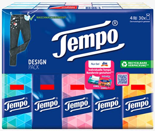 Tempo Tissues 30 Pocket Packs (30 x 10 Tissues) - Limited Edition Packaging - Colorful Design Pocket Packs - 10 Original Tempo Tissues in Each Pocket Pack - 300 Tissues Total - Imported From Germany