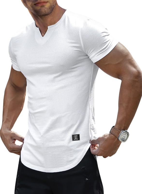 JMIERR Men's Muscle Slim Fit T-Shirt V Neck Hipster Longline White Henley Shirt Short Sleeve Gym Workout Athletic Fitted Tees Shirts for Men,US 43(L)