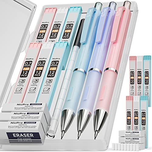 Nicpro 3PCS Pastel Mechanical Pencil Set, 0.7 mm with 6 Tubes HB Lead Refills& 3PCS Eraser& 9PCS Eraser Refill for Student Writing, Drawing, Sketching, Drafting -Come with Case