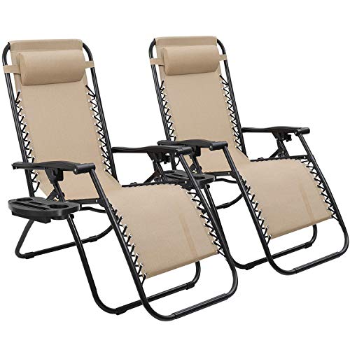 Devoko Patio Zero Gravity Chair Outdoor Folding Adjustable Reclining Chairs Pool Side Using Lawn Lounge Chair with Pillow Set of 2 (Beige)