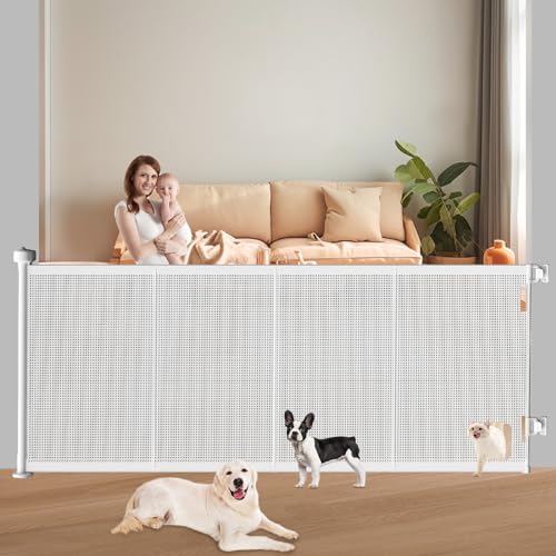 Pawtners Retractable Baby Gates Extra Wide, 41' Tall Extends up to 71' Wide, Dog Gate Indoor with Cat Door for Stairs, Pet Gate with Support Rods for Doorways Hallways Indoor & Outdoor-White
