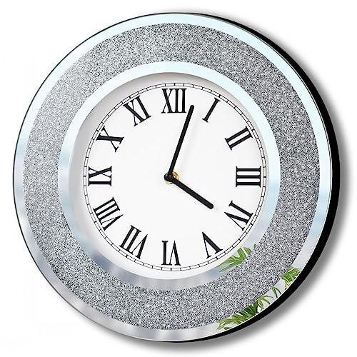 DMDFIRST Bling Silver Round Mirror Clock 12inch. Glam Sparkle Twinkle Shining Mirrored Wall Clock for Wall Decoration Silver Glass Mirror Home Decor. AA Battery is not Included.