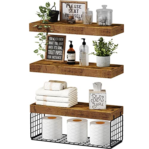 QEEIG Bathroom Shelves Over Toilet Wall Mounted Floating Shelves Farmhouse Shelf Toilet Paper Storage Small 16 inch Set of 3, Rustic Brown (019-BN3)