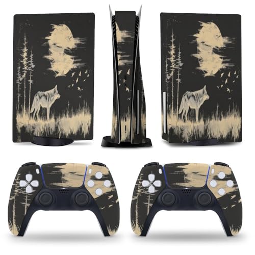 Buyidec Wolf Animal Silhouette for PS5 Skin Console and Controller Accessories Cover Skins Anime Vinyl Cover Sticker Full Set for Playstation5 Disc Edition