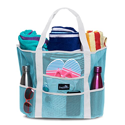 Dejaroo - Sand Free Mesh Bag - Strong Lightweight Tote For Beach & Vacation Essentials. Tons of Storage with 8 Pockets, Foldable, 17x9x15 inches, Mint Blue with White Straps