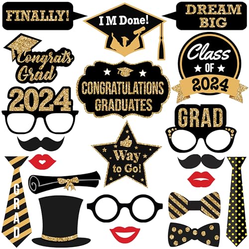 KatchOn, Glitter Graduation Photo Booth Props 2024 - Pack of 21 | Black Gold Graduation Photo Props, Photo Booth Props Graduation 2024 | Graduation Decorations Class Of 2024, Graduation Party Supplies